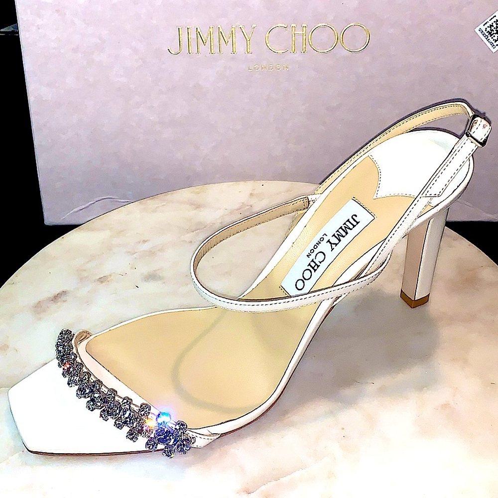 JIMMY CHOO MEIRA 85 LATTE CRYSTAL SANDAL HEEL SIZE 40 NEW IN BOX MADE IN ITALY